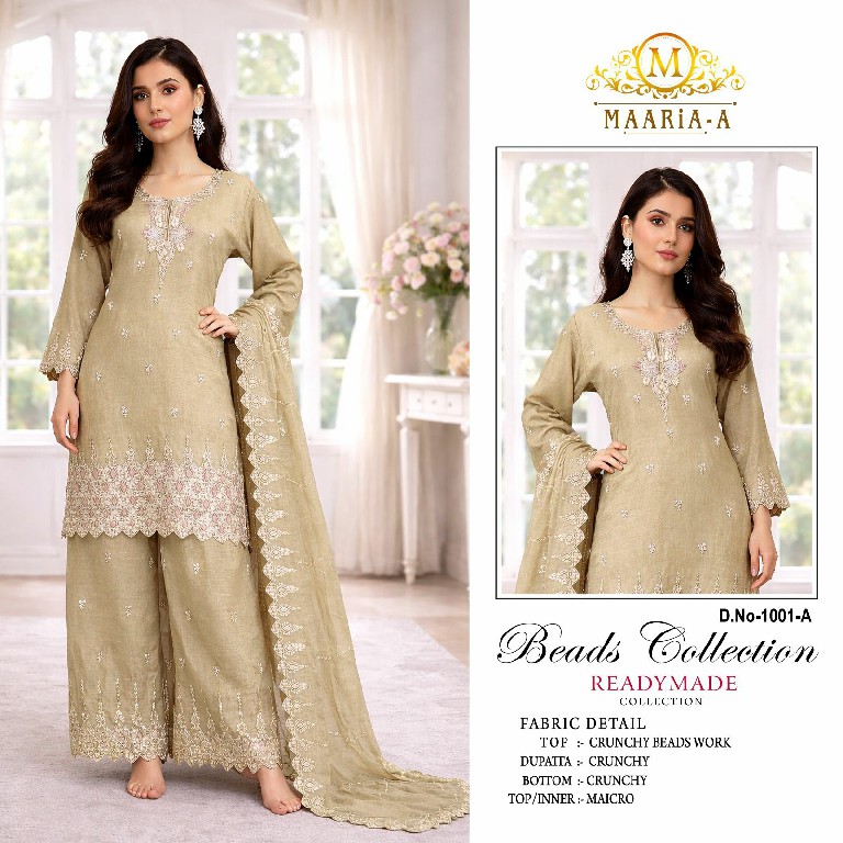 MAARIA-A D.NO 1001 WHOLESALE READYMADE HEAVY CRUNCHY WITH BEADS WORK 3 PCS SUITS ONLINE
