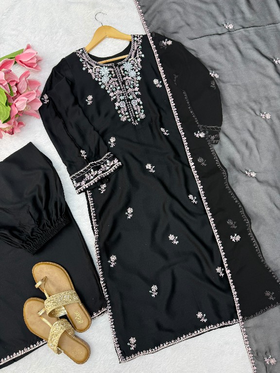 TEXTILEDEAL D.NO 6081 WHOLESALE READYMADE RAYON SATIN DESIGNER 3 PCS SUITS FOR EXPORT