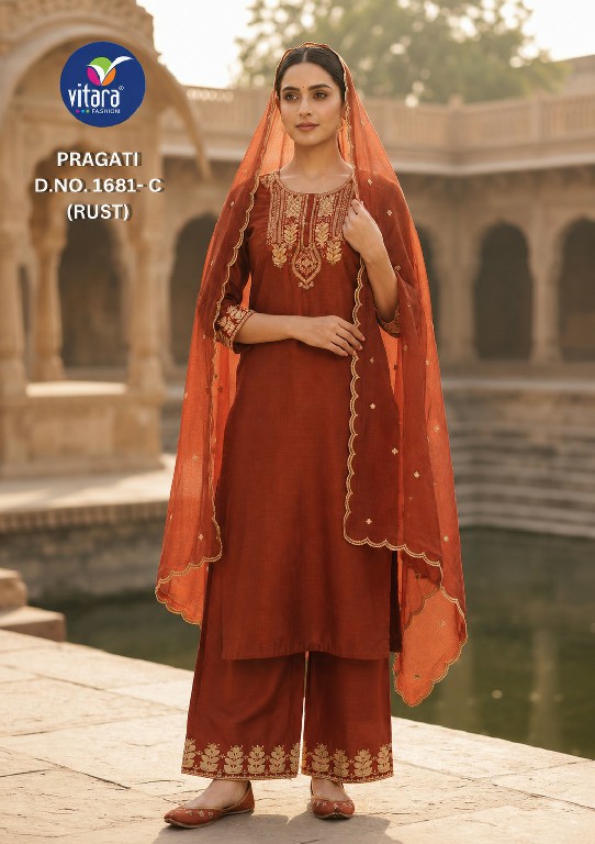 VITARA FASHION PRAGATI WHOLESALE READYMADE CRAPE SILK WITH HAND WORK 3 PCS COMBO SET SUITS EXPORTER