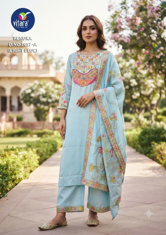 VITARA FASHION RENUKA WHOLESALE READYMADE CHINON SATIN BEAUTIFUL 3 PCS COMBO SET SUITS EXPORTER