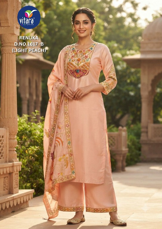 VITARA FASHION RENUKA WHOLESALE READYMADE CHINON SATIN BEAUTIFUL 3 PCS COMBO SET SUITS EXPORTER