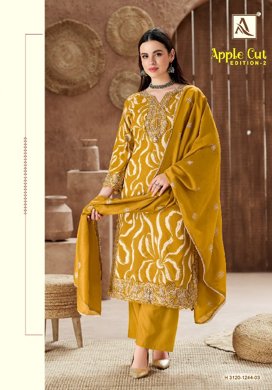 ALOK SUIT APPLE CUT VOL 2 WHOLESALE PURE VISCOSE RAYON WITH FANCY WORK UNSTITCH SALWAR SUITS EXPORTER