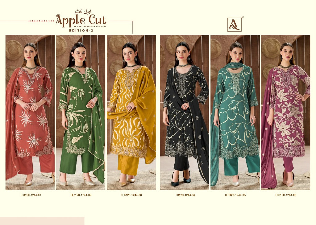 ALOK SUIT APPLE CUT VOL 2 WHOLESALE PURE VISCOSE RAYON WITH FANCY WORK UNSTITCH SALWAR SUITS EXPORTER