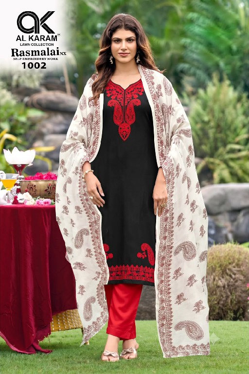AL KARAM RASMALAI NX WHOLESALE RAYON WITH WORK EXCLUSIVE DESIGN UNSTITCH SALWAR SUITS SUPPLIER