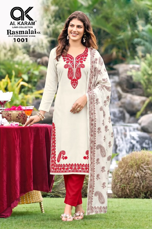 AL KARAM RASMALAI NX WHOLESALE RAYON WITH WORK EXCLUSIVE DESIGN UNSTITCH SALWAR SUITS SUPPLIER