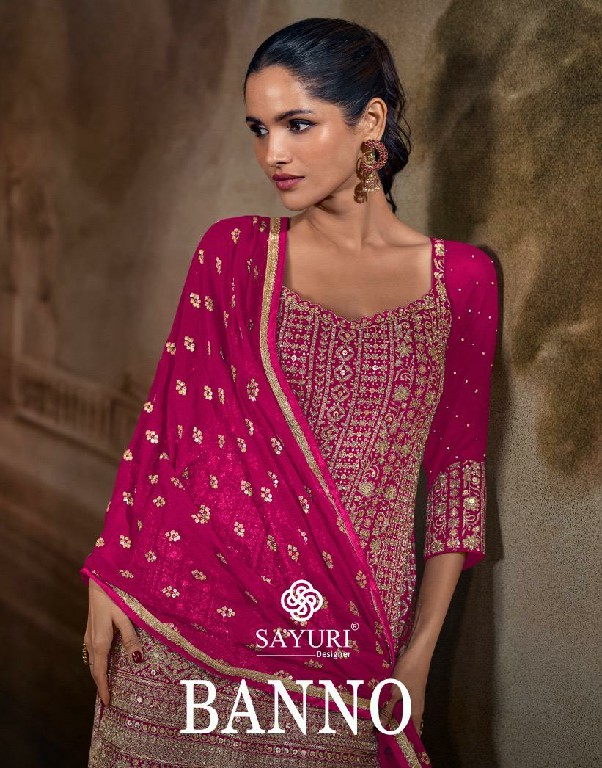 SAYURI DESIGNER BANNO WHOLESALE READYMADE REAL GEPORGETTE HEAVY FESTIVE LOOK PLAZZO STYLE 3 PCS SUITS EXPORTER