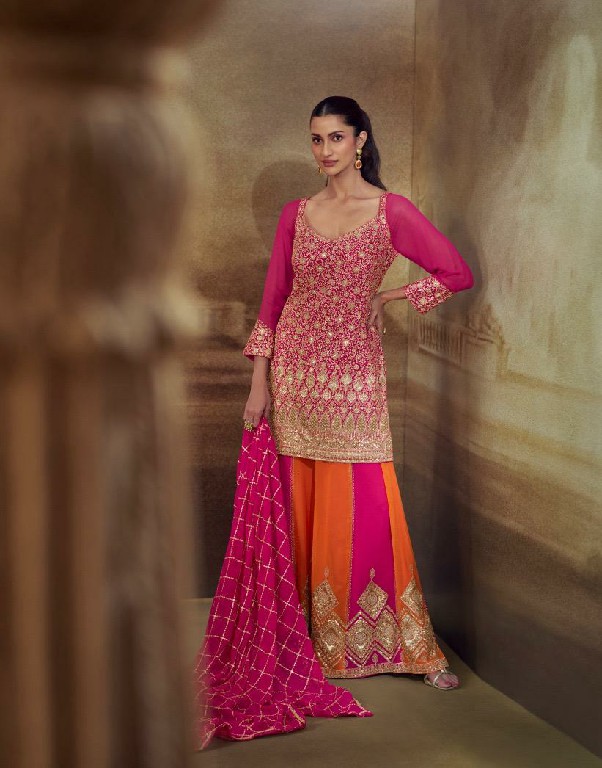 SAYURI DESIGNER BANNO WHOLESALE READYMADE REAL GEPORGETTE HEAVY FESTIVE LOOK PLAZZO STYLE 3 PCS SUITS EXPORTER