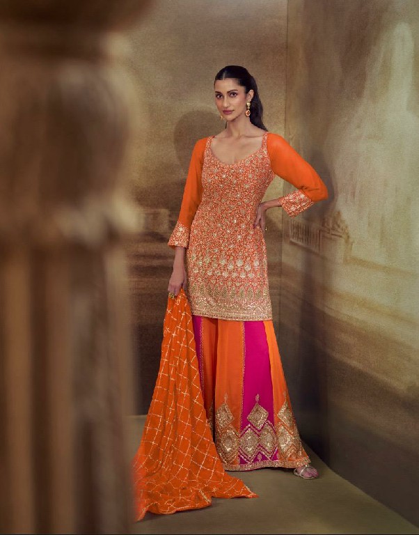 SAYURI DESIGNER BANNO WHOLESALE READYMADE REAL GEPORGETTE HEAVY FESTIVE LOOK PLAZZO STYLE 3 PCS SUITS EXPORTER