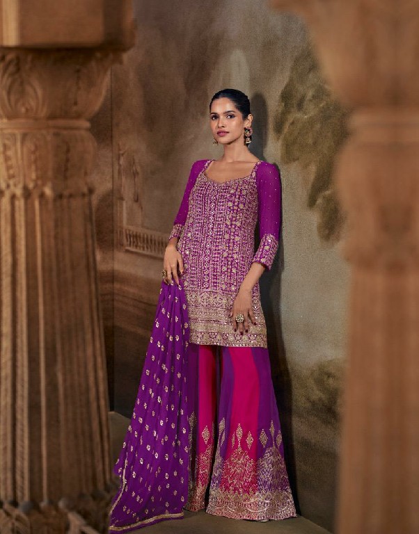 SAYURI DESIGNER BANNO WHOLESALE READYMADE REAL GEPORGETTE HEAVY FESTIVE LOOK PLAZZO STYLE 3 PCS SUITS EXPORTER
