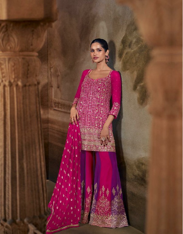 SAYURI DESIGNER BANNO WHOLESALE READYMADE REAL GEPORGETTE HEAVY FESTIVE LOOK PLAZZO STYLE 3 PCS SUITS EXPORTER
