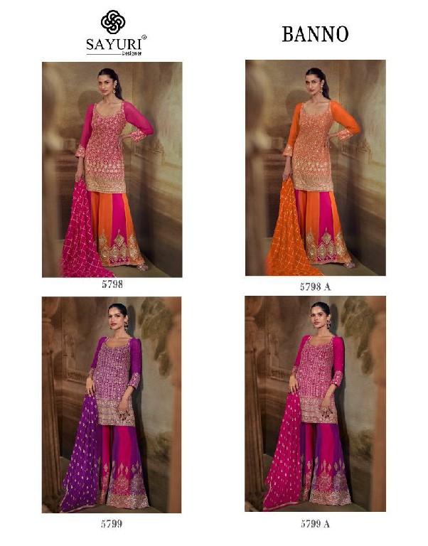 SAYURI DESIGNER BANNO WHOLESALE READYMADE REAL GEPORGETTE HEAVY FESTIVE LOOK PLAZZO STYLE 3 PCS SUITS EXPORTER