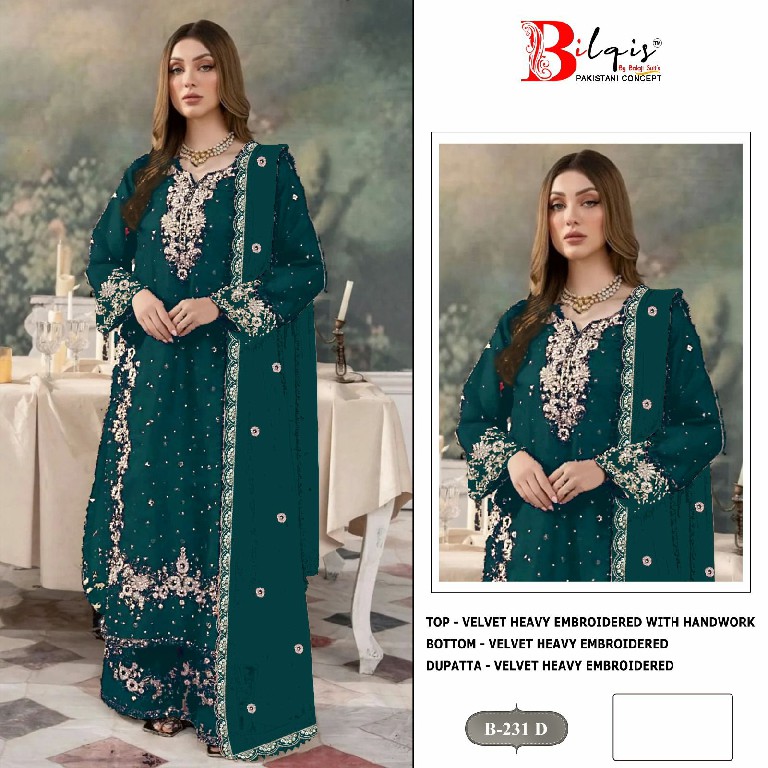 BILQIS D.NO 231A TO 231D WHOLESALE VELVET WINTER PAKISTANI 3 PCS SUITS FOR EXPORT