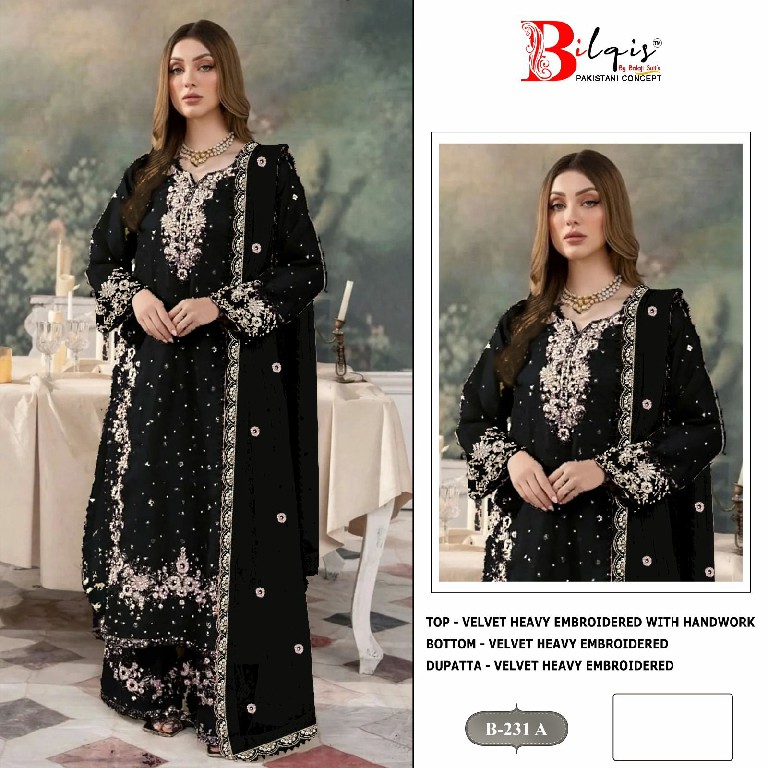 BILQIS D.NO 231A TO 231D WHOLESALE VELVET WINTER PAKISTANI 3 PCS SUITS FOR EXPORT