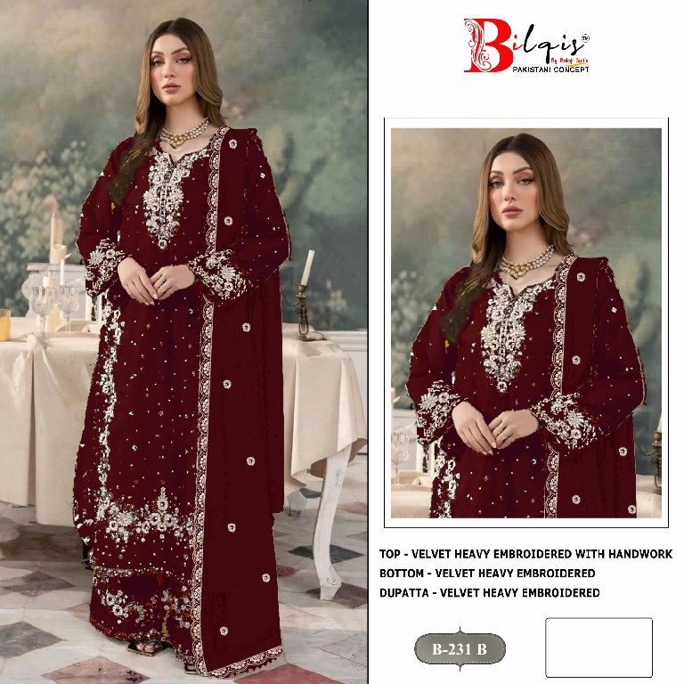 BILQIS D.NO 231A TO 231D WHOLESALE VELVET WINTER PAKISTANI 3 PCS SUITS FOR EXPORT