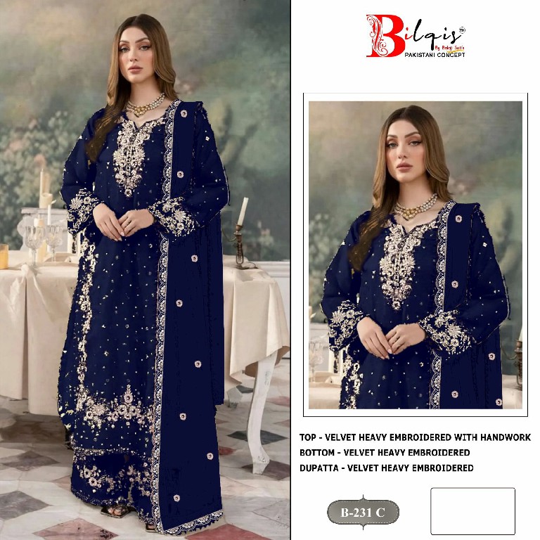 BILQIS D.NO 231A TO 231D WHOLESALE VELVET WINTER PAKISTANI 3 PCS SUITS FOR EXPORT
