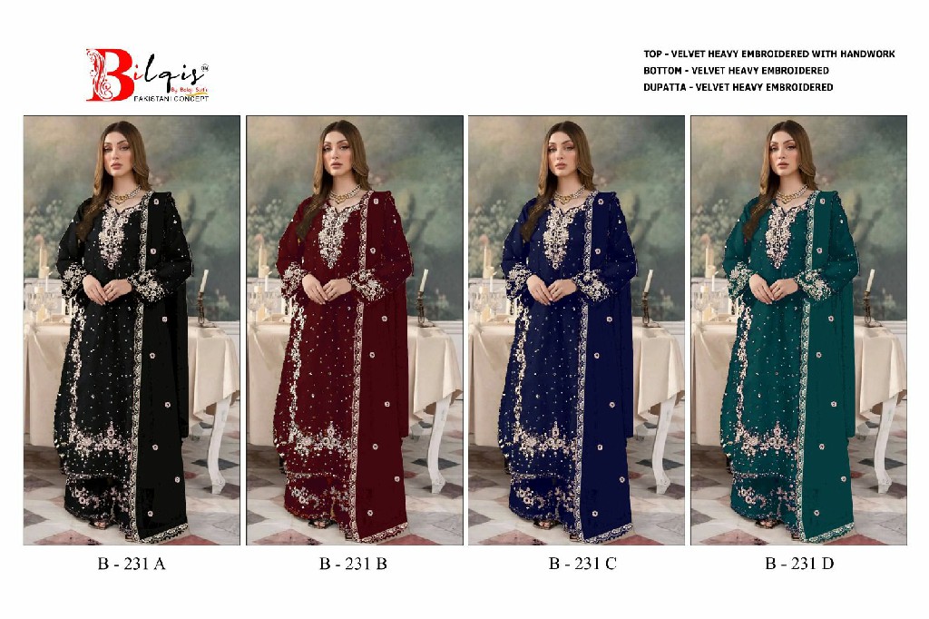 BILQIS D.NO 231A TO 231D WHOLESALE VELVET WINTER PAKISTANI 3 PCS SUITS FOR EXPORT