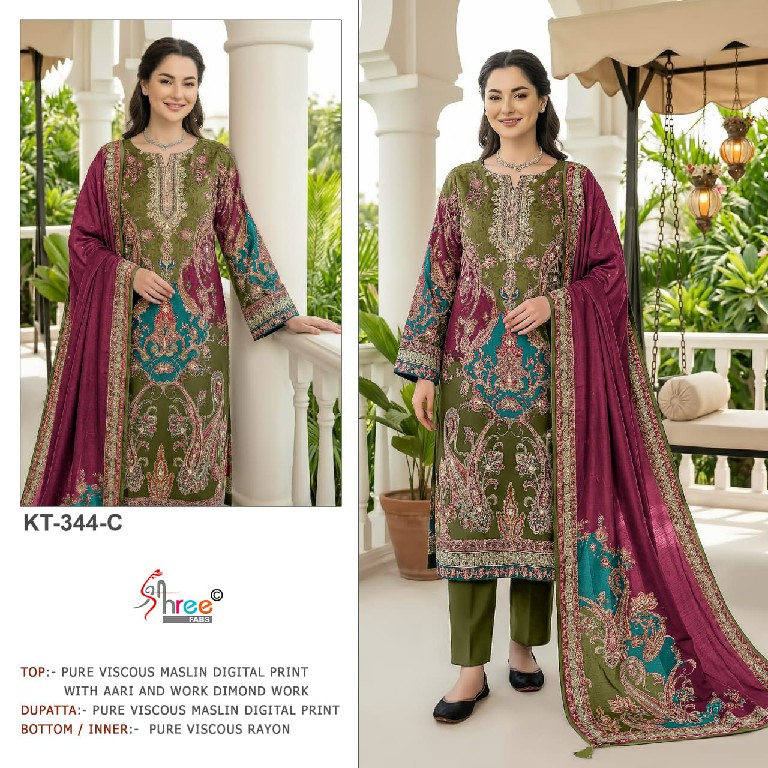 SHREE FABS D.NO KT-344 WHOLESALE VISCOSE MUSLIN BEAUTIFUL UNSTITCH SALWAR SUITS SUPPLIER