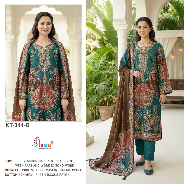 SHREE FABS D.NO KT-344 WHOLESALE VISCOSE MUSLIN BEAUTIFUL UNSTITCH SALWAR SUITS SUPPLIER