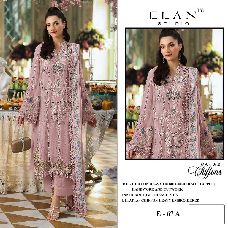 ELAN STUDIO D.NO E-67 WHOLESALE CHIFFON PAKISTANI HIT DESIGN UNSTITCH SALWAR SUITS EXPORTER