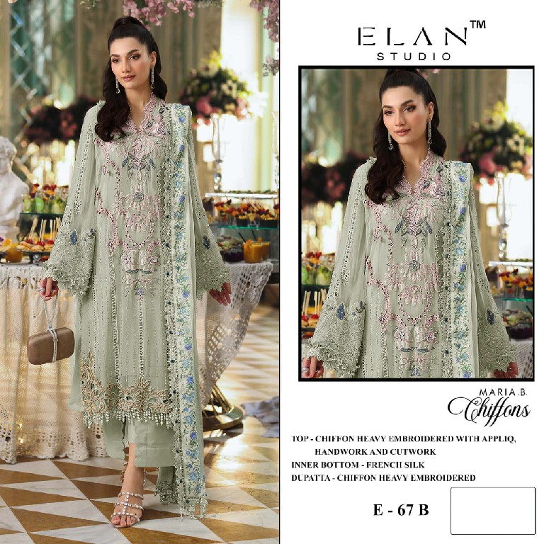 ELAN STUDIO D.NO E-67 WHOLESALE CHIFFON PAKISTANI HIT DESIGN UNSTITCH SALWAR SUITS EXPORTER
