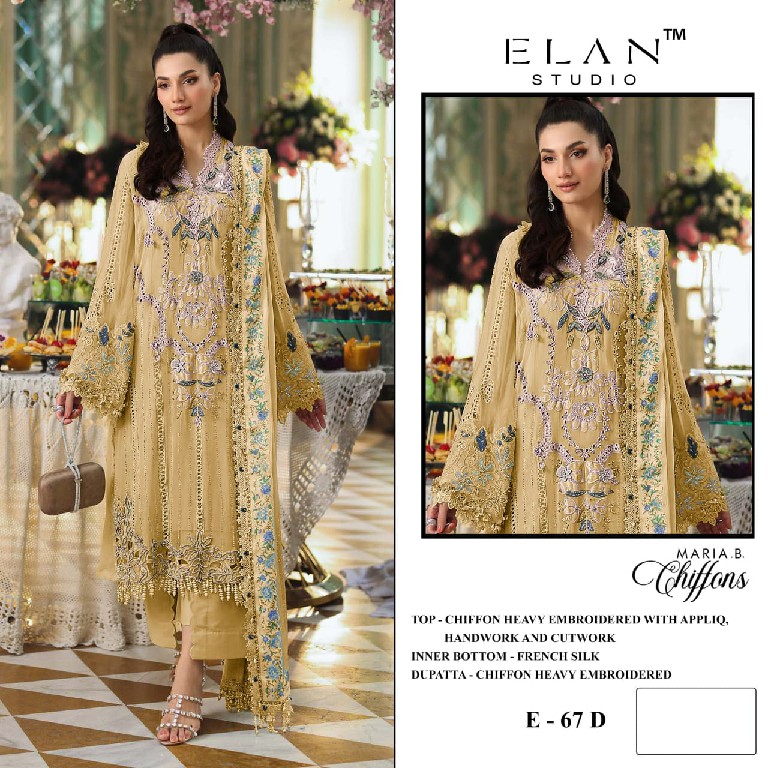 ELAN STUDIO D.NO E-67 WHOLESALE CHIFFON PAKISTANI HIT DESIGN UNSTITCH SALWAR SUITS EXPORTER