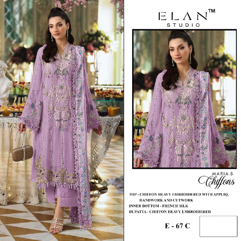 ELAN STUDIO D.NO E-67 WHOLESALE CHIFFON PAKISTANI HIT DESIGN UNSTITCH SALWAR SUITS EXPORTER