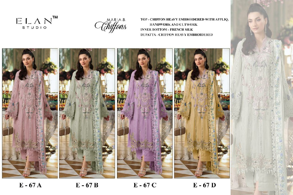 ELAN STUDIO D.NO E-67 WHOLESALE CHIFFON PAKISTANI HIT DESIGN UNSTITCH SALWAR SUITS EXPORTER