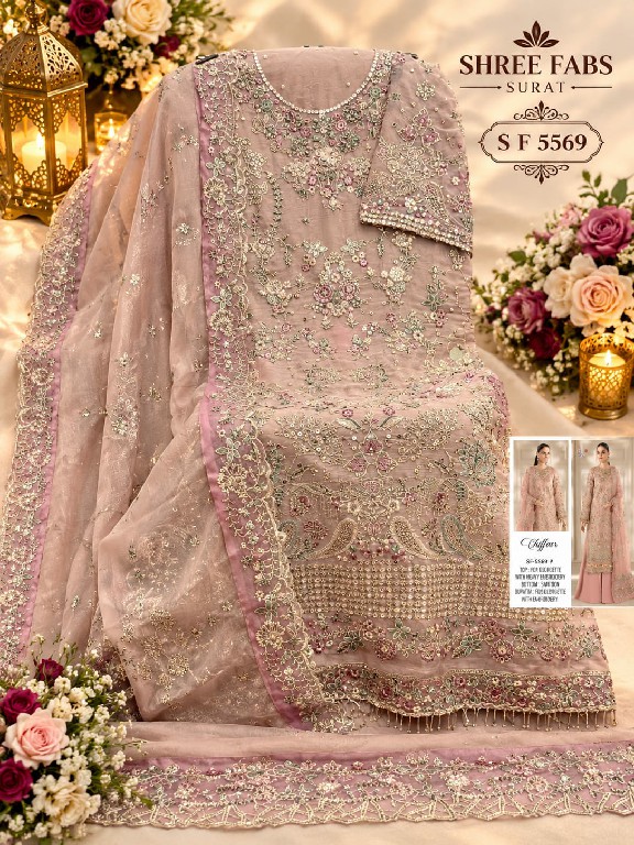 SHREE FABS D.NO 5569E TO 5569H WHOLESALE CHIFFON PAKISTANI POPULAR DESIGN UNSTITCH SALWAR SUITS EXPORTER