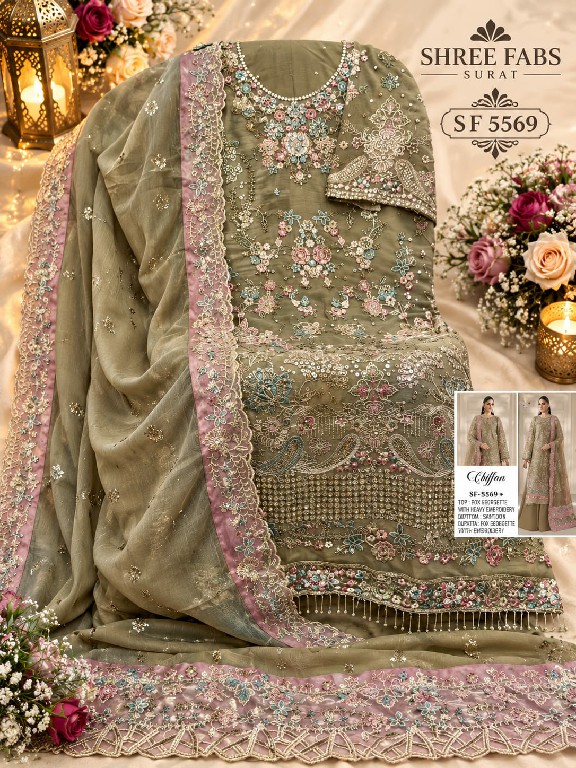 SHREE FABS D.NO 5569E TO 5569H WHOLESALE CHIFFON PAKISTANI POPULAR DESIGN UNSTITCH SALWAR SUITS EXPORTER