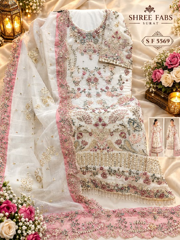 SHREE FABS D.NO 5569E TO 5569H WHOLESALE CHIFFON PAKISTANI POPULAR DESIGN UNSTITCH SALWAR SUITS EXPORTER