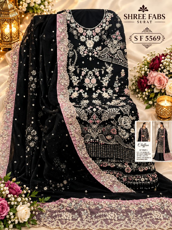 SHREE FABS D.NO 5569E TO 5569H WHOLESALE CHIFFON PAKISTANI POPULAR DESIGN UNSTITCH SALWAR SUITS EXPORTER