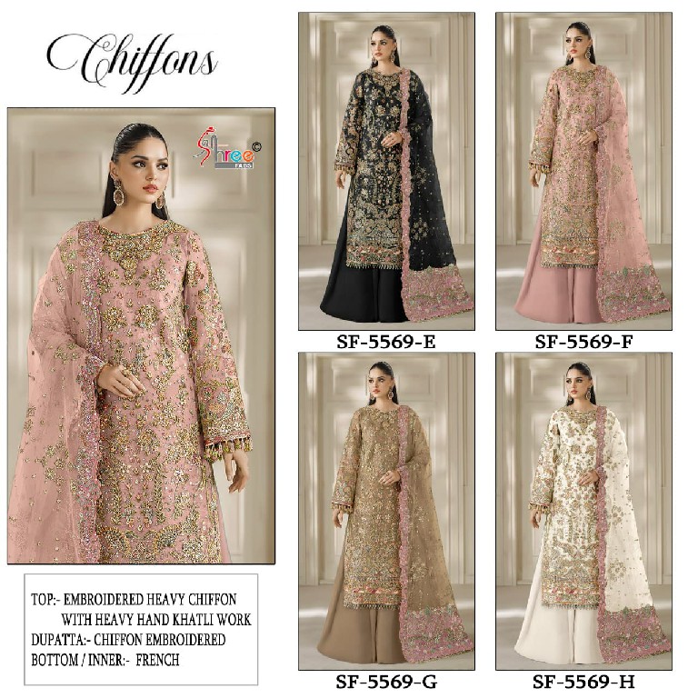 SHREE FABS D.NO 5569E TO 5569H WHOLESALE CHIFFON PAKISTANI POPULAR DESIGN UNSTITCH SALWAR SUITS EXPORTER