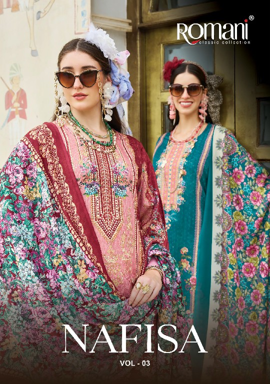 ROMANI NAFISA VOL 3 WHOLESALE SOFT COTTON EXCLUSIVE DESIGN UNSTITCH SALWAR SUITS SUPPLIER