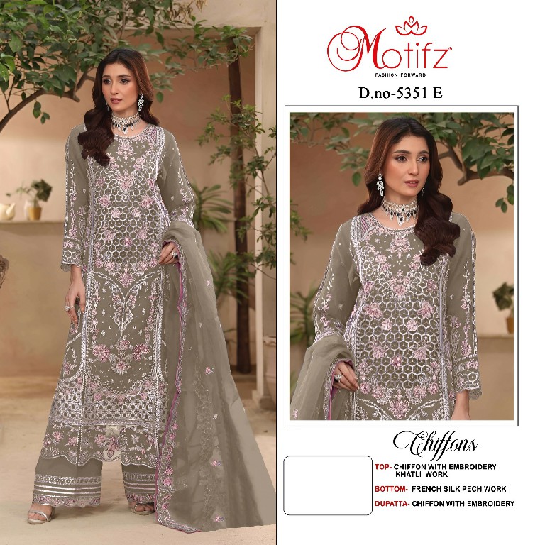 MOTIFZ D.NO 5351 WHOLESALE CHIFFON GORGEOUS LOOK PAKISTANI UNSTITCH SALWAR SUITS EXPORTER