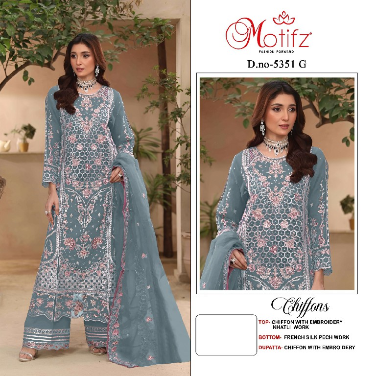 MOTIFZ D.NO 5351 WHOLESALE CHIFFON GORGEOUS LOOK PAKISTANI UNSTITCH SALWAR SUITS EXPORTER