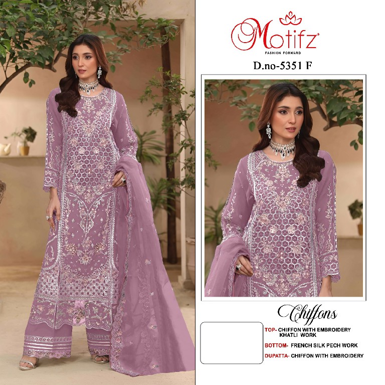 MOTIFZ D.NO 5351 WHOLESALE CHIFFON GORGEOUS LOOK PAKISTANI UNSTITCH SALWAR SUITS EXPORTER