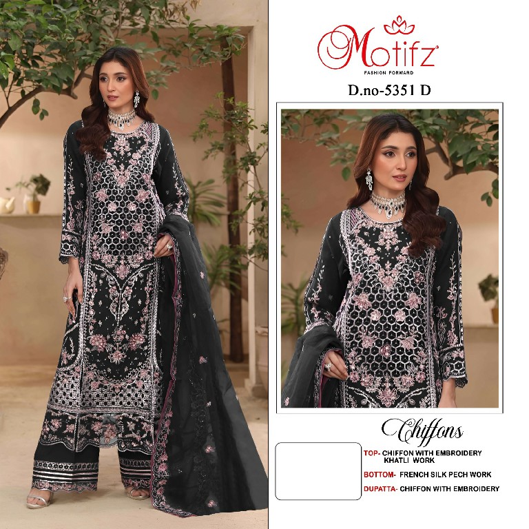MOTIFZ D.NO 5351 WHOLESALE CHIFFON GORGEOUS LOOK PAKISTANI UNSTITCH SALWAR SUITS EXPORTER