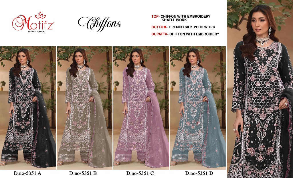 MOTIFZ D.NO 5351 WHOLESALE CHIFFON GORGEOUS LOOK PAKISTANI UNSTITCH SALWAR SUITS EXPORTER