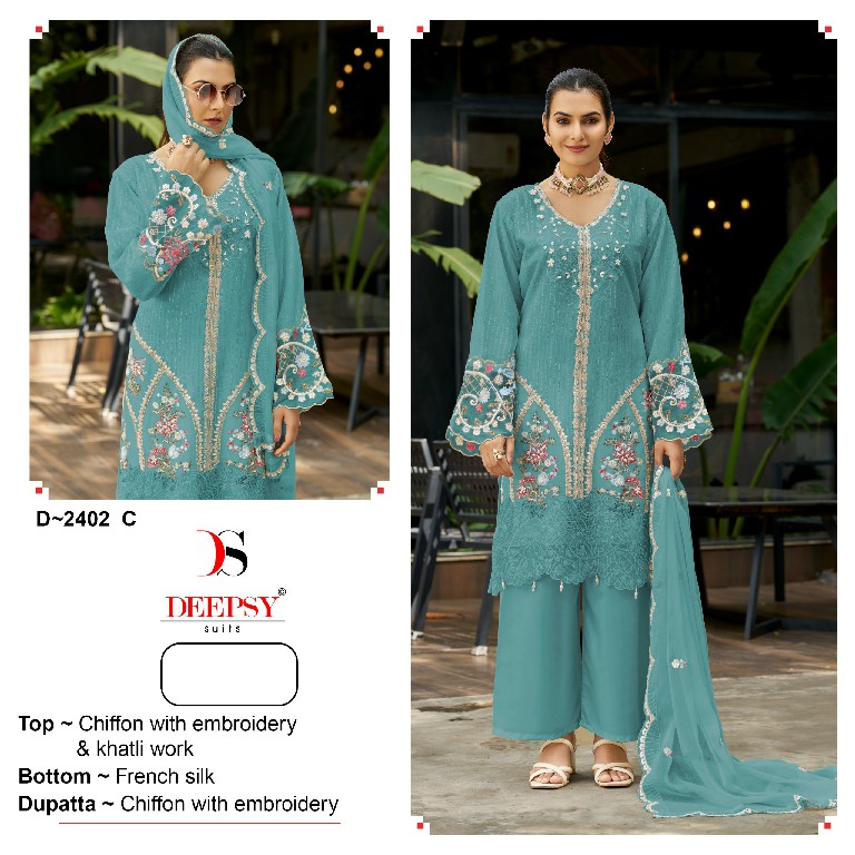 DEEPSY D.NO 2402 WHOLESALE CHIFFON PAKISTANI TRENDY DESIGN UNSTITCH SALWAR SUITS SUPPLIER