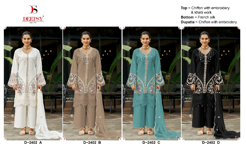 DEEPSY D.NO 2402 WHOLESALE CHIFFON PAKISTANI TRENDY DESIGN UNSTITCH SALWAR SUITS SUPPLIER