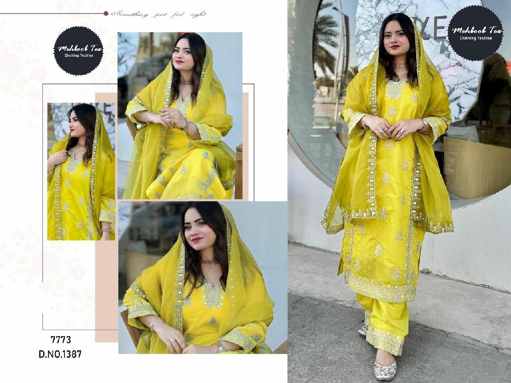 MEHBOOB TEX D.NO 1387 WHOLESALE CHINON SILK FULL STITCHED PLAZZO STYLE 3 PCS SUITS FOR EXPORT