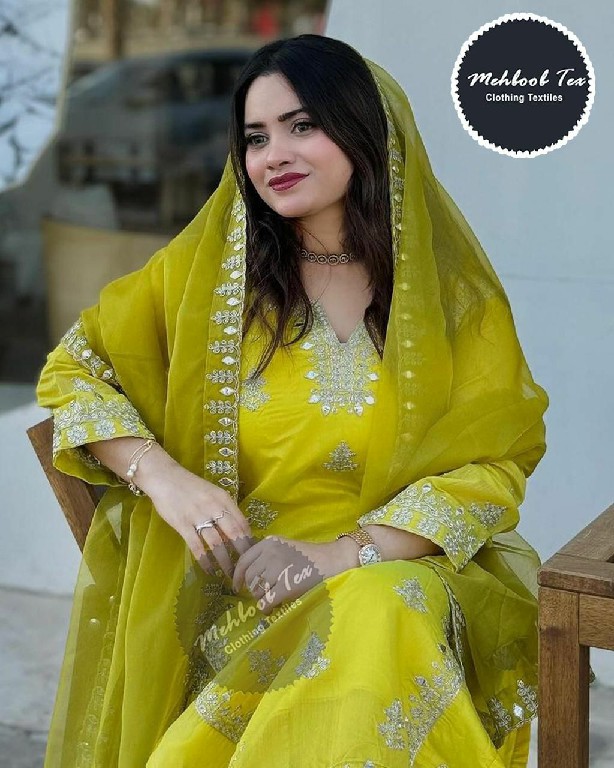 MEHBOOB TEX D.NO 1387 WHOLESALE CHINON SILK FULL STITCHED PLAZZO STYLE 3 PCS SUITS FOR EXPORT