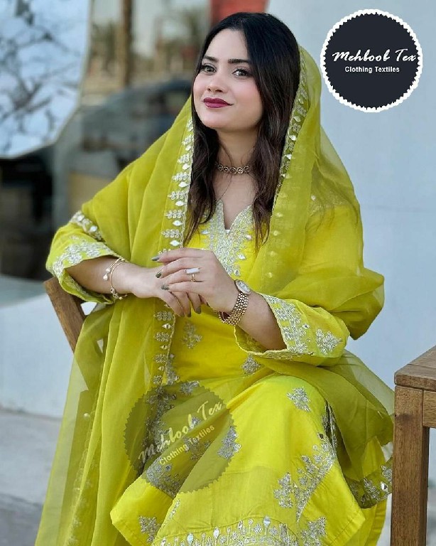 MEHBOOB TEX D.NO 1387 WHOLESALE CHINON SILK FULL STITCHED PLAZZO STYLE 3 PCS SUITS FOR EXPORT