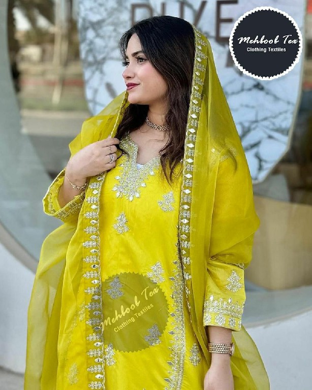 MEHBOOB TEX D.NO 1387 WHOLESALE CHINON SILK FULL STITCHED PLAZZO STYLE 3 PCS SUITS FOR EXPORT