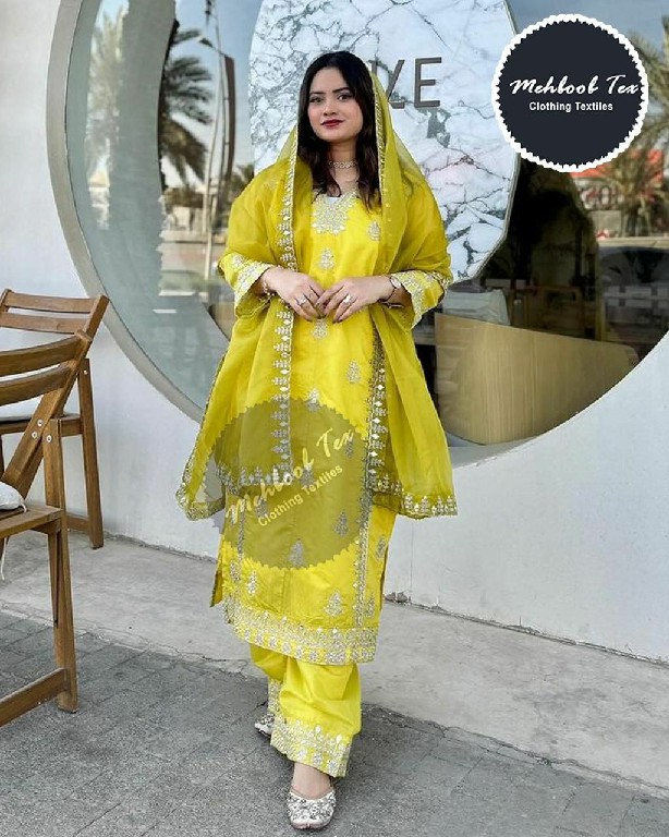 MEHBOOB TEX D.NO 1387 WHOLESALE CHINON SILK FULL STITCHED PLAZZO STYLE 3 PCS SUITS FOR EXPORT