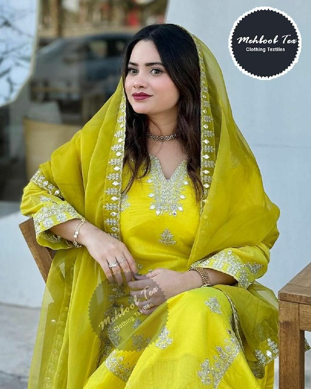 MEHBOOB TEX D.NO 1387 WHOLESALE CHINON SILK FULL STITCHED PLAZZO STYLE 3 PCS SUITS FOR EXPORT