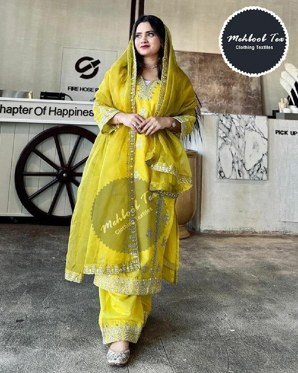 MEHBOOB TEX D.NO 1387 WHOLESALE CHINON SILK FULL STITCHED PLAZZO STYLE 3 PCS SUITS FOR EXPORT