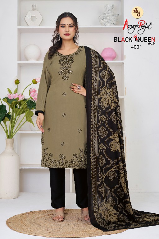 AMAR POOJA BLACK QUEEN VOL 4 WHOLESALE RAYON WITH WORK FANCY DRESS MATERIAL ONLINE