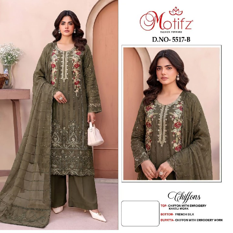 MOTIFZ D.NO 5517 WHOLESALE CHIFFON PAKISTANI PRETTY LOOK UNSTITCH SALWAR SUITS EXPORTER
