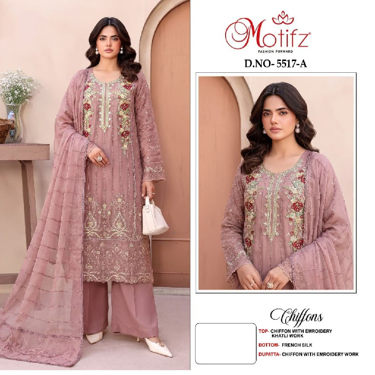 MOTIFZ D.NO 5517 WHOLESALE CHIFFON PAKISTANI PRETTY LOOK UNSTITCH SALWAR SUITS EXPORTER